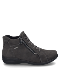 Il boot grigio grafite è realizzato in un materiale liscio e presenta una chiusura con lacci. Caratteristiche particolari sono la cerniera laterale e la discreta decorazione con cuciture.