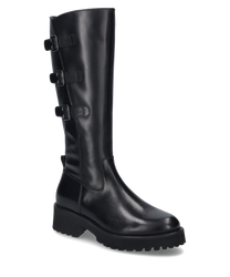 Black boots with a zipper and three decorative buckles on the side. The boot is made of glossy leather and has a sturdy sole.