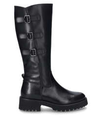 Black boots with a zipper and three decorative buckles on the side. The boot is made of glossy leather and has a sturdy sole.