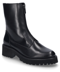 Schwarzer Stiefel mit Reißverschluss aus glattem Leder gefertigt. Der Stiefel hat eine robuste Sohle mit tiefem Profil für besseren Halt.