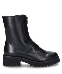 Schwarzer Stiefel mit Reißverschluss aus glattem Leder gefertigt. Der Stiefel hat eine robuste Sohle mit tiefem Profil für besseren Halt.