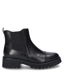 La bottine noire est en cuir brillant et possède un robuste talon bloc. Elle dispose d'une fermeture éclair pratique sur le côté pour un enfilage et un retrait faciles.