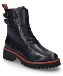 The black ankle boot is made of leather and features a zipper on the side. Special features include red accents on the sole and decorative buckles on the shaft.