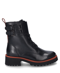 The black ankle boot is made of leather and features a zipper on the side. Special features include red accents on the sole and decorative buckles on the shaft.