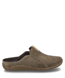 The house slipper in taupe is made of soft material without a closure ideal for easy slipping on. The shoe has a lightly textured sole and is carefully crafted with visible seams.