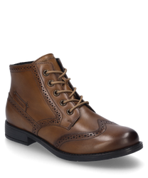 Cognac-colored ankle boot made of leather with lacing and decorative perforated details. The shoe features a sturdy sole and subtle brand embossing on the side.