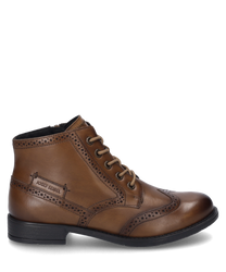 Cognac-colored ankle boot made of leather with lacing and decorative perforated details. The shoe features a sturdy sole and subtle brand embossing on the side.