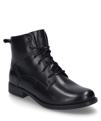 The image shows a black ankle boot with lacing made of smooth leather. The shoe features a sturdy sole and subtle seam details along the sides.