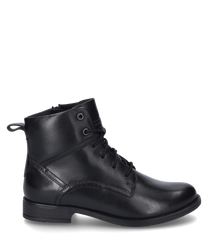 The image shows a black ankle boot with lacing made of smooth leather. The shoe features a sturdy sole and subtle seam details along the sides.