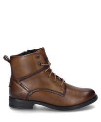 Cognac-colored leather ankle boot with lacing. The shoe features a low heel and visible stitching that adds an elegant touch to the design.