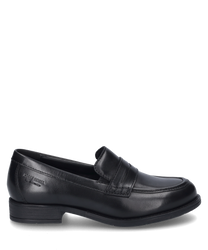 Ein eleganter schwarzer Slipper aus glattem Leder mit einem Gummizug für einfaches Anziehen. Der Schuh hat eine dezente Nahtverzierung und einen mittelhohen Absatz.