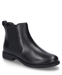 The black ankle boot is made of glossy leather and features a side zipper for easy on and off. The shoe has an elegant cut and is ideal for both formal and casual occasions.