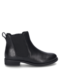 The black ankle boot is made of glossy leather and features a side zipper for easy on and off. The shoe has an elegant cut and is ideal for both formal and casual occasions.