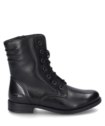 La bottine noire en cuir présente un laçage classique et un petit talon idéale pour un look élégant et confortable. Le logo discret sur le talon ajoute une touche spéciale à la chaussure.