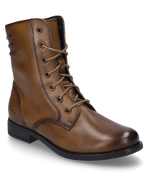 Cognac-colored ankle boot made of leather with lacing. The shoe features a low heel and distinctive decorative stitching.