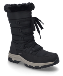 The black boot is made of durable material and features lacing. It is characterized by a thick sole and a warm inner lining.