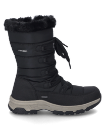 The black boot is made of durable material and features lacing. It is characterized by a thick sole and a warm inner lining.