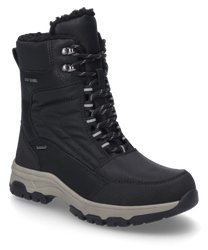 Der schwarze Stiefel ist aus robustem Material gefertigt und verfügt über eine Schnürung. Er zeichnet sich durch eine dicke Sohle und ein warmes Innenfutter aus.