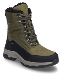 The boot in black-olive features a sturdy lacing and is made from a durable material. It has an insulating inner lining that provides additional comfort and warmth.