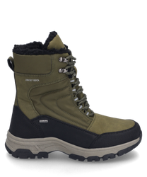 The boot in black-olive features a sturdy lacing and is made from a durable material. It has an insulating inner lining that provides additional comfort and warmth.