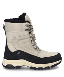 Boot w kolorze czarno-białym wykonany jest z wytrzymałego materiału i ma sznurowanie. Charakteryzuje się dwukolorowym wzornictwem i grubą podeszwą z wyraźnym bieżnikiem.