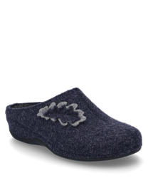 The house slipper is dark blue and made of a soft felt-like material. It has no closure and is adorned with a gray leaf design giving it a special detail.
