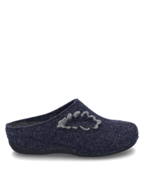 The house slipper is dark blue and made of a soft felt-like material. It has no closure and is adorned with a gray leaf design giving it a special detail.
