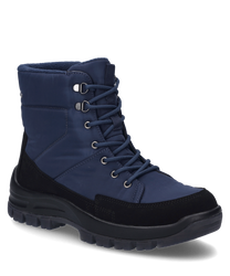 The black-blue ankle boot features a sturdy lacing system and combines stylish design with functionality. The material appears weather-resistant and is ideal for colder days.