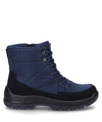 The black-blue ankle boot features a sturdy lacing system and combines stylish design with functionality. The material appears weather-resistant and is ideal for colder days.