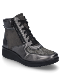 The illustrated ankle boot in anthracite combination is made of a glossy material mix with lacing and a side zipper. The combination of smooth and textured materials gives the shoe a modern look.