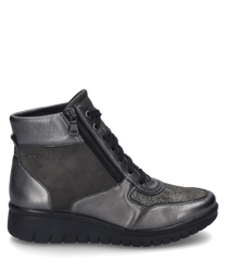 The illustrated ankle boot in anthracite combination is made of a glossy material mix with lacing and a side zipper. The combination of smooth and textured materials gives the shoe a modern look.