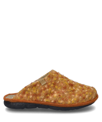 The house slipper in orange-multi is made of soft felt-like material and has no fasteners. It features a colorful mottled pattern and a durable dark sole.
