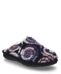 The house slipper is designed in purple-multi and made of fluffy material without a closure. The design features a striking spiral pattern on the outside.