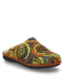 A house slipper in orange-multi colors with a spiral pattern made of soft fluffy wool. The shoe has no closure and a sturdy black sole for comfort and durability.