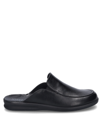 Black house shoe with elastic band made of smooth leather. The shoe offers a comfortable fit and is ideal for indoor use.
