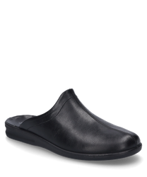 A black house slipper made of smooth leather without a closure offering a simple and elegant look. The shoe has a soft insole for additional comfort.