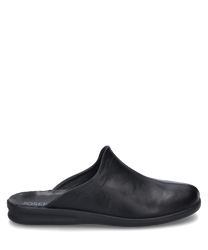 A black house slipper made of smooth leather without a closure offering a simple and elegant look. The shoe has a soft insole for additional comfort.