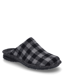 Le chausson est conçu dans un motif à carreaux noir et gris et est fabriqué à partir d'un matériau textile doux. L'élastique assure un ajustement confortable et facilite l'enfilage et le retrait.