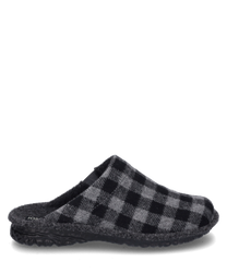 Le chausson est conçu dans un motif à carreaux noir et gris et est fabriqué à partir d'un matériau textile doux. L'élastique assure un ajustement confortable et facilite l'enfilage et le retrait.