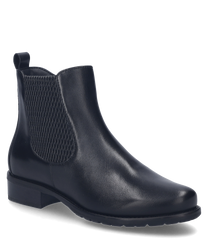 De afgebeelde enkellaars is in een elegante zwarte kleur en is gemaakt van glanzend leer. Het heeft een elastisch inzetstuk aan de zijkant wat zorgt voor gemakkelijk aan- en uittrekken terwijl de stevige zool zorgt voor goede grip op verschillende ondergro