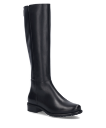 Der abgebildete Stiefel ist schwarz und besteht aus einem glatten hochwertigen Material. Er hat einen langen Schaft und einen dezenten Absatz was ihm ein elegantes Erscheinungsbild verleiht. Der Hauptverschluss befindet sich an der Rückseite und ist als Re