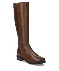Der abgebildete Stiefel in der Farbe Cognac besteht aus einem glatten glänzenden Leder. Der hohe Schaft endet knapp unter dem Knie und bietet einen eleganten klassischen Look. Der Stiefel ist mit einem dezenten Reißverschluss an der Rückseite ausgestattet 