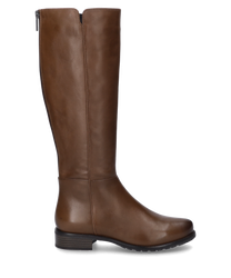 Der abgebildete Stiefel in der Farbe Cognac besteht aus einem glatten glänzenden Leder. Der hohe Schaft endet knapp unter dem Knie und bietet einen eleganten klassischen Look. Der Stiefel ist mit einem dezenten Reißverschluss an der Rückseite ausgestattet 