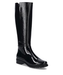 Der abgebildete schwarze Stiefel besteht aus glänzendem Leder das ihm ein elegantes Erscheinungsbild verleiht. Der Stiefel reicht bis knapp unter das Knie und hat einen mittelhohen Absatz der für zusätzlichen Komfort sorgt. Besondere Merkmale sind der seit