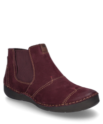 The plum-colored ankle boot is made of soft suede and features a side zipper for easy on and off. Eye-catching contrast stitching gives the shoe a fashionable accent.