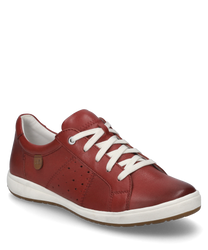Sneaker w kolorze hibiskusa wykonany jest z wysokiej jakości skóry i ma sznurowanie. Szczególną cechą są delikatne wzory w otworach po bokach oraz biała gumowa podeszwa.