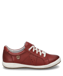 Sneaker w kolorze hibiskusa wykonany jest z wysokiej jakości skóry i ma sznurowanie. Szczególną cechą są delikatne wzory w otworach po bokach oraz biała gumowa podeszwa.