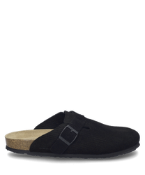 Ein schwarzer Clog mit einer bequemen Korksohle und einer verstellbaren Schnalle als Verschluss. Das Obermaterial besteht aus einem weichen leicht strukturierten Stoff der dem Schuh einen eleganten Look verleiht.