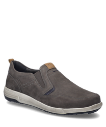 A slip-on in asphalt combination color made of smooth material with elastic band closure. The shoe features a light sole and subtle decorative stitching for a sporty-elegant look.
