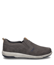 A slip-on in asphalt combination color made of smooth material with elastic band closure. The shoe features a light sole and subtle decorative stitching for a sporty-elegant look.